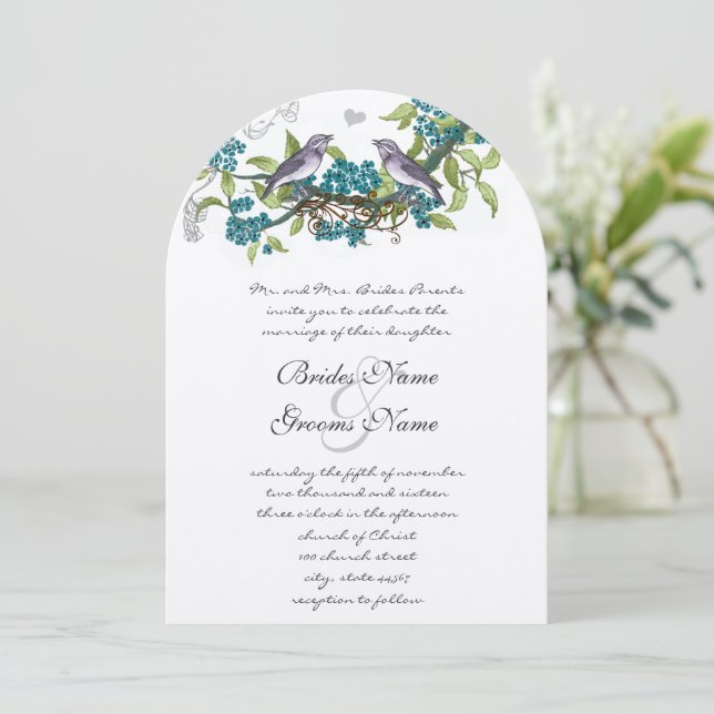Invitation Oiseaux vintages Mariage Turquoise violet et vert  (Debout devant)