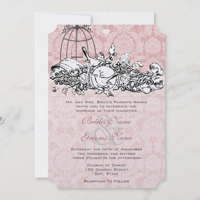 Invitation Oiseaux vintages Pink Musical Scroll Wedding Invit (Dos)