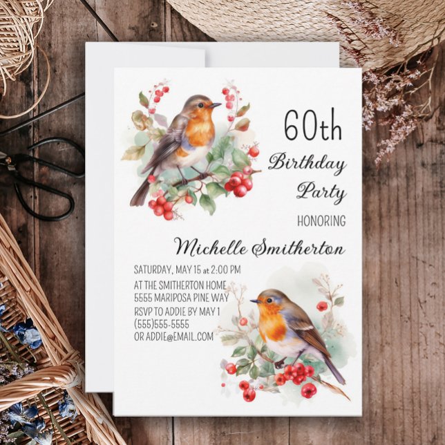Invitation Oiseaux vintages Robin Redmamie 60e anniversaire (Robin redbreast 60th birthday party invitation)