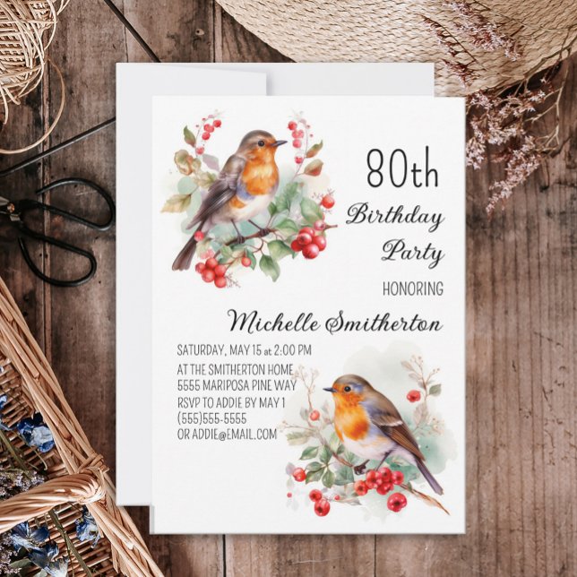 Invitation Oiseaux vintages Robin Redsein 80e anniversaire (Créateur téléchargé)