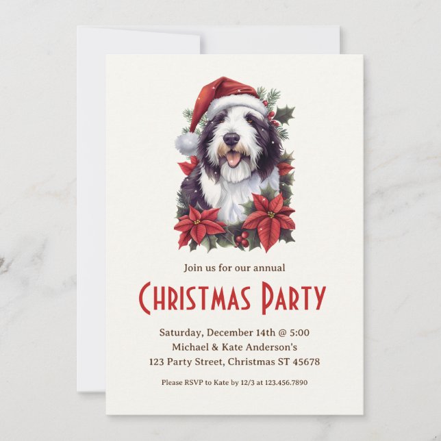 Invitation Old English Sheepdog in Santa Hat Christmas Party (Devant)