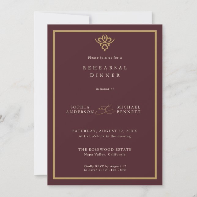 Invitation Old Money Burgundy Wedding Rehearsal Dinner (Devant)