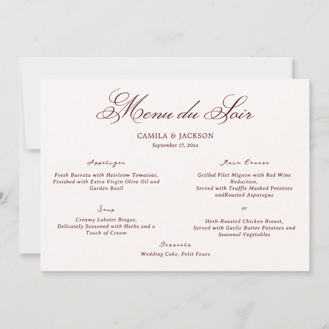 Invitation Old Money Ivory & Burgundy Wedding Menu Card (Devant)