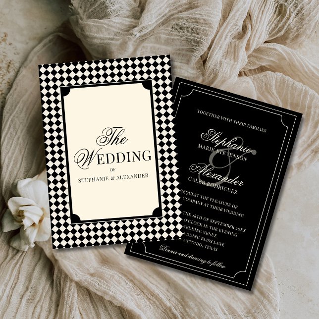 Invitation Old Money Luxury Black & Ivory Checkered Wedding (Créateur téléchargé)