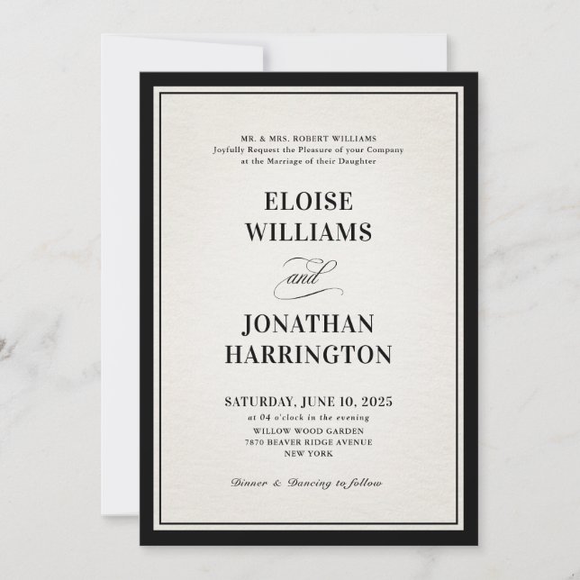 Invitation Old Money Modern Formal Black Luxury Chic Wedding (Devant)