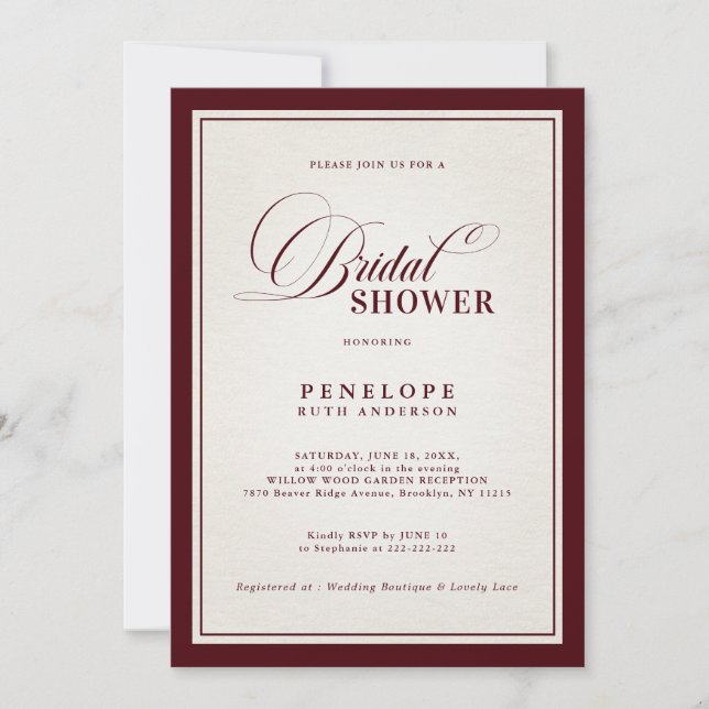 Invitation Old Money Modern Formal Burgundy Bridal Shower  (Devant)