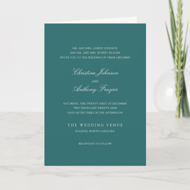 Invitation Old Money Teal Classic Wedding (Devant)