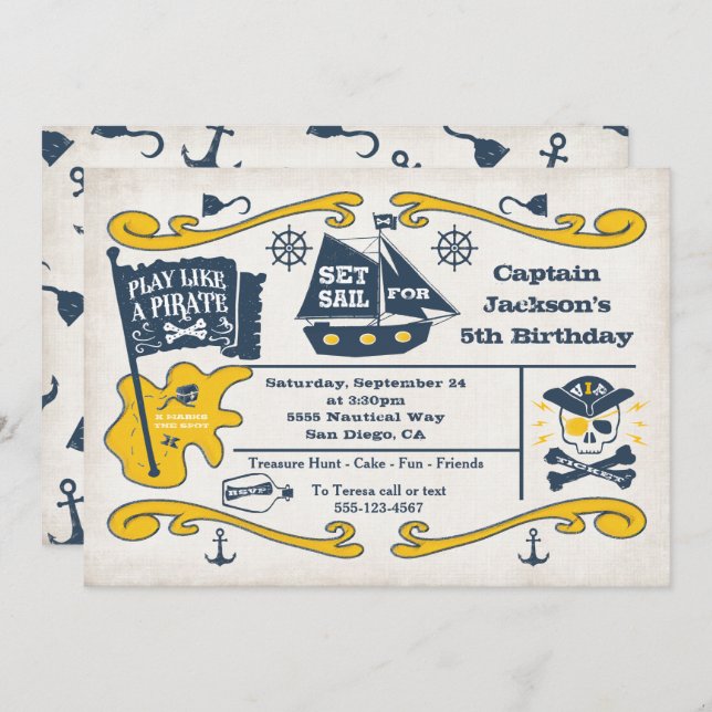 Invitation Old Pirate Ticket Nautique Anniversaire (Devant / Derrière)
