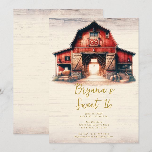 Invitation Old Red Barn Rustic Country Sweet 16 Party (Devant / Derrière)