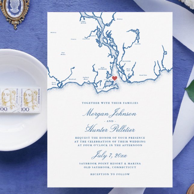 Invitation Old Saybrook CT Map Élégant Mariage bleu marine (Old Saybrook Connecticut Map Wedding Invitation in elegant navy blue from Coastal Map Designs)