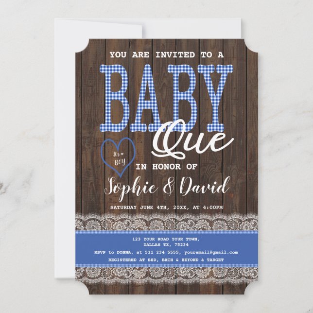 Invitation Old Wood Blue En vichy Baby shower garçon BBQ (Devant)
