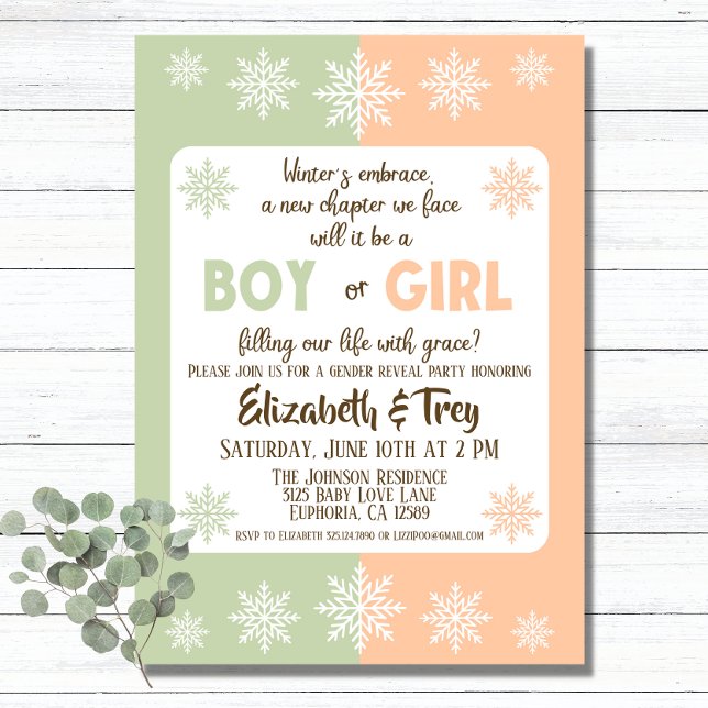 Invitation Olive and Peach Winter Snowflakes Sexe Reveillez (Forget the traditional pink and blue with this sage green and peach winter gender reveal invitation.)