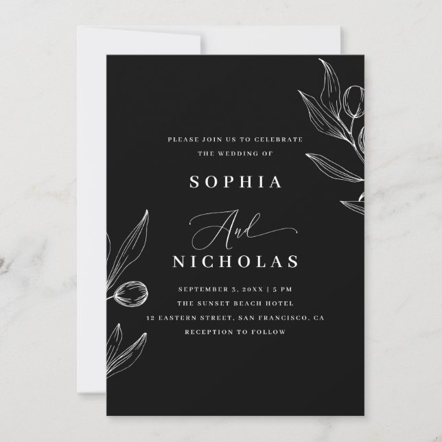 Invitation Olive Botanical Mariage Noir - Photo & Code QR (Devant)