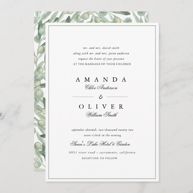 Invitation Olive Branch Botanical Greenery Mariage élégant (Devant / Derrière)