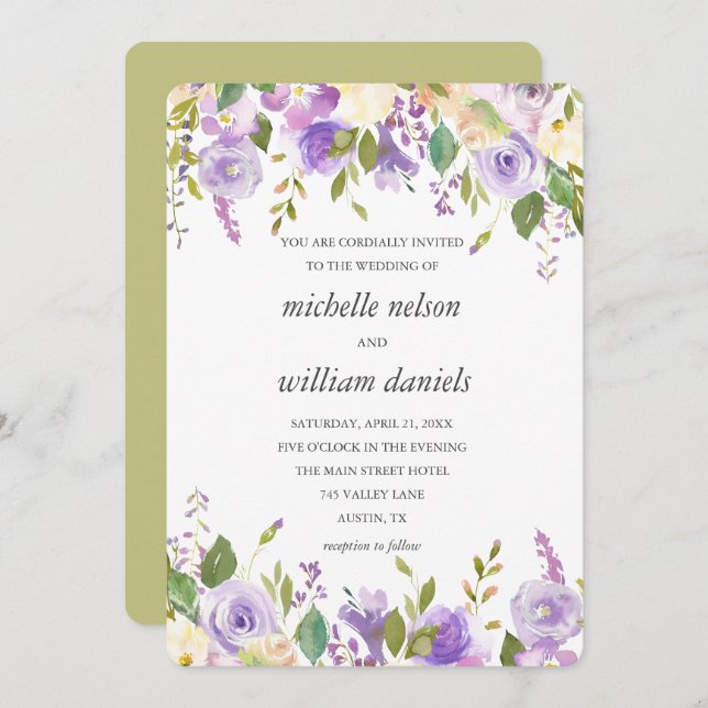 Invitation Olive | Chic Lavender Aquarelle Mariage Floral (Devant / Derrière)