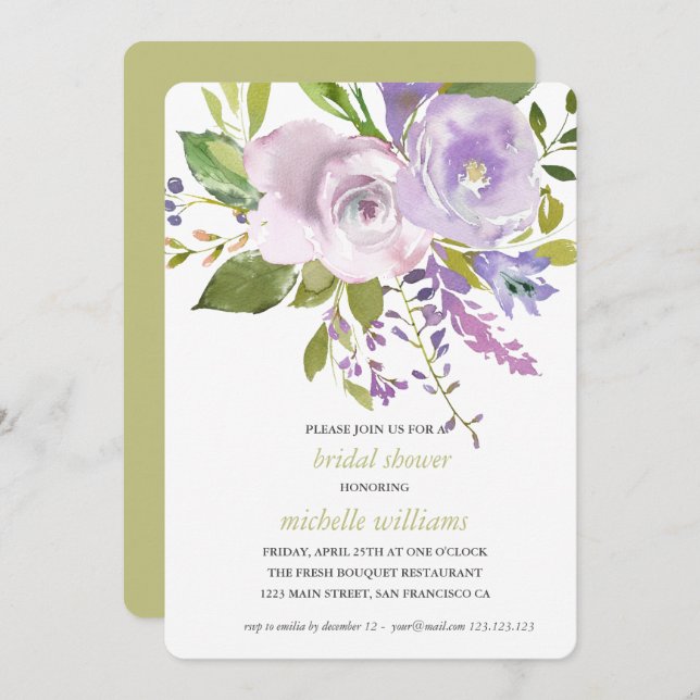 Invitation Olive | Chic Lavender Floral Mariage Fête des mari (Devant / Derrière)