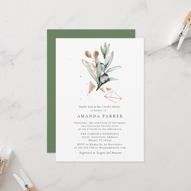 Invitation Olive Golden Branche moderne Douche nuptialeInvita (Devant/Arrière en situation)