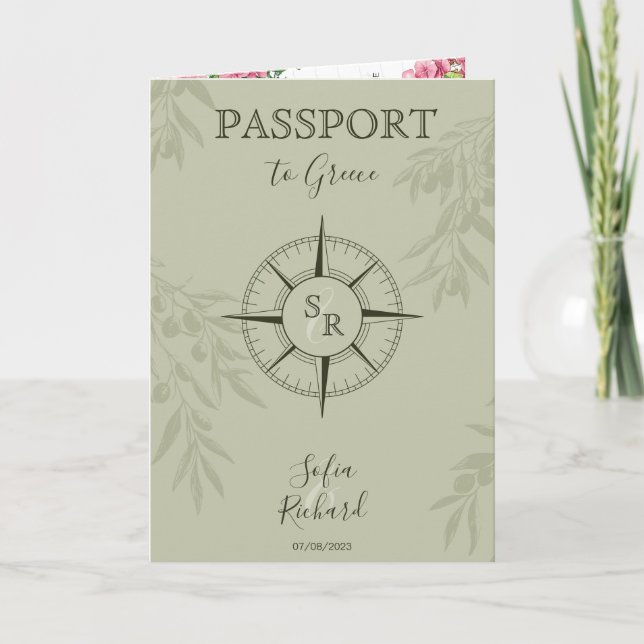 Invitation Olive Grèce Destination Mariage Passeport QR Code (Devant)