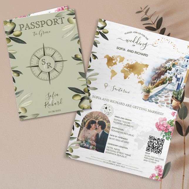 Invitation Olive Grèce Destination Mariage Passeport QR Code (watercolor olive branches greenery passport wedding invitation with compas)