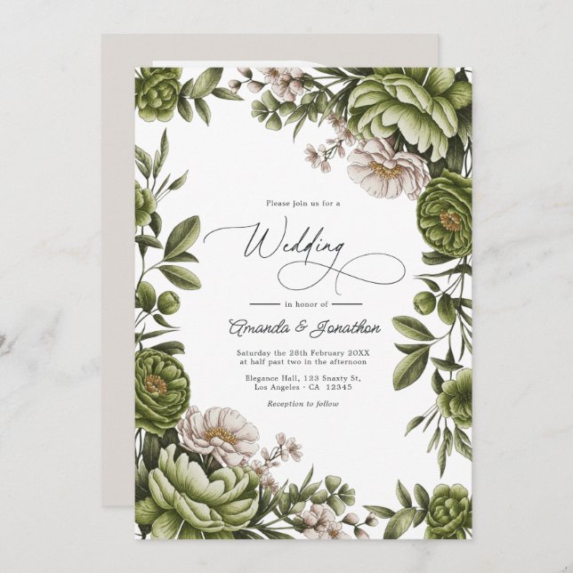 Invitation Olive Green and Neutral Floral Wedding QR Code (Devant / Derrière)