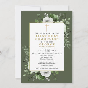Invitation Olive Green Boho Floral First Holy Communion