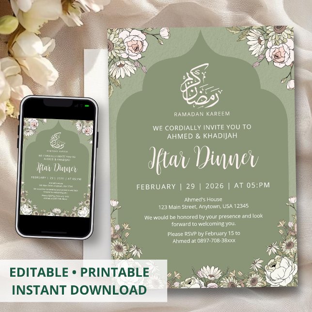 Invitation Olive Green Botanical Islamic Arch Iftar Dinner (Créateur téléchargé)
