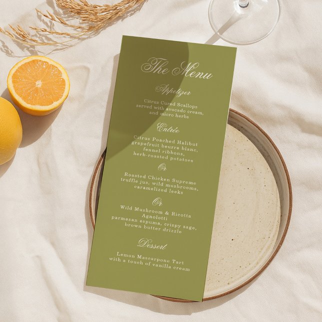 Invitation Olive Green Calligraphy Wedding Long Menu Card (Créateur téléchargé)