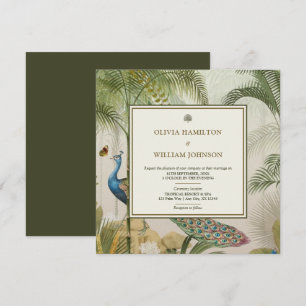 Invitation Olive Green Carré Tropical Peacock Palm Mariage