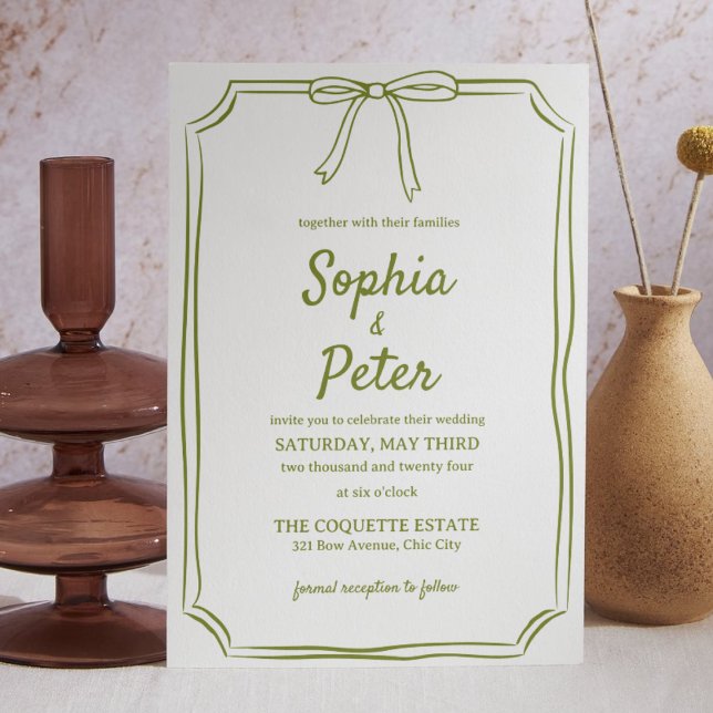 Invitation Olive Green Chic Bow titré à la main Mariage intem (Simple yet sophisticated, this olive-green invitation brings a natural charm to any modern wedding. )
