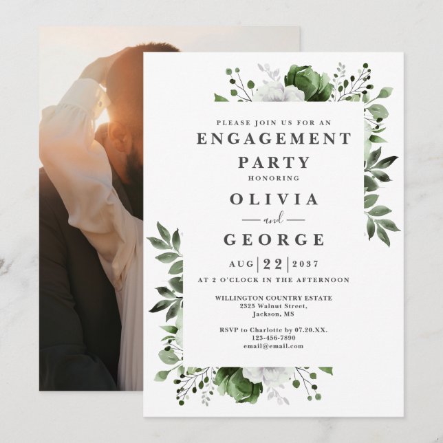 Invitation Olive Green Country Floral Engagement Party Photo (Devant / Derrière)