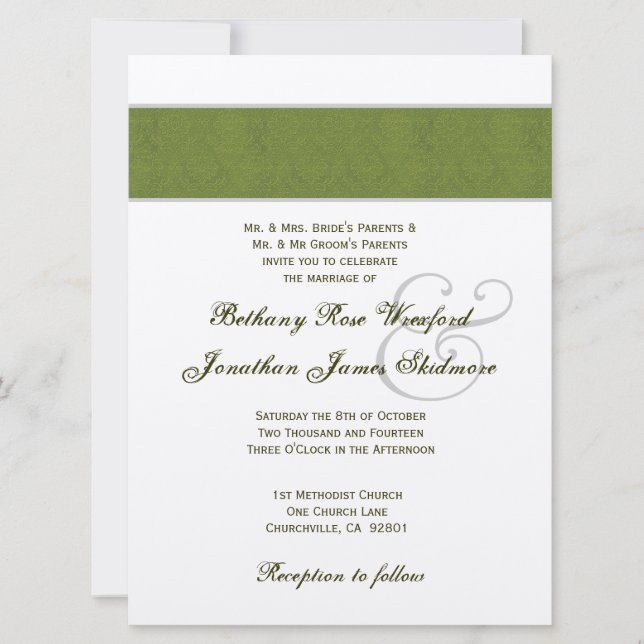 Invitation Olive Green Damask and Champagne Metallic (Devant)