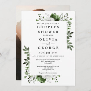Invitation Olive Green Elégant Floral Couples Douche Photo