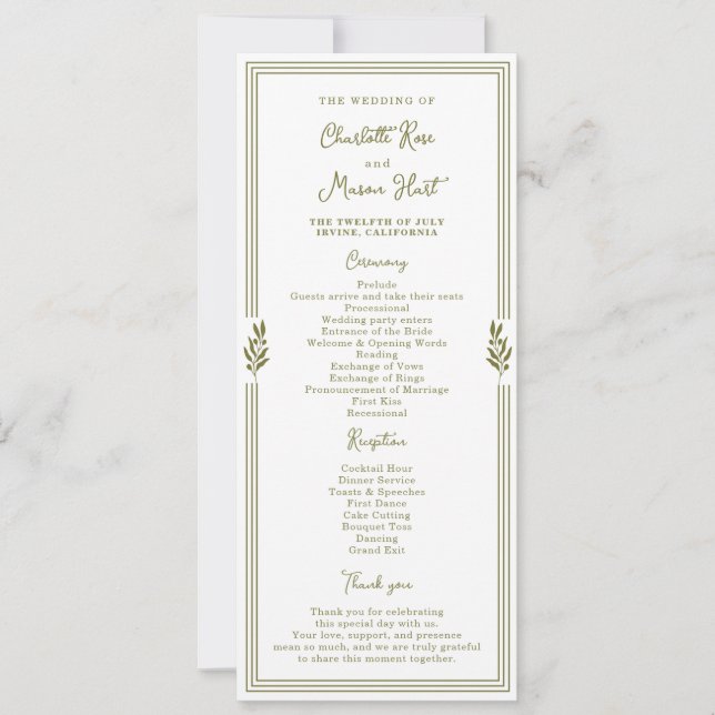 Invitation Olive Green Elegant Wedding Program Card (Devant)