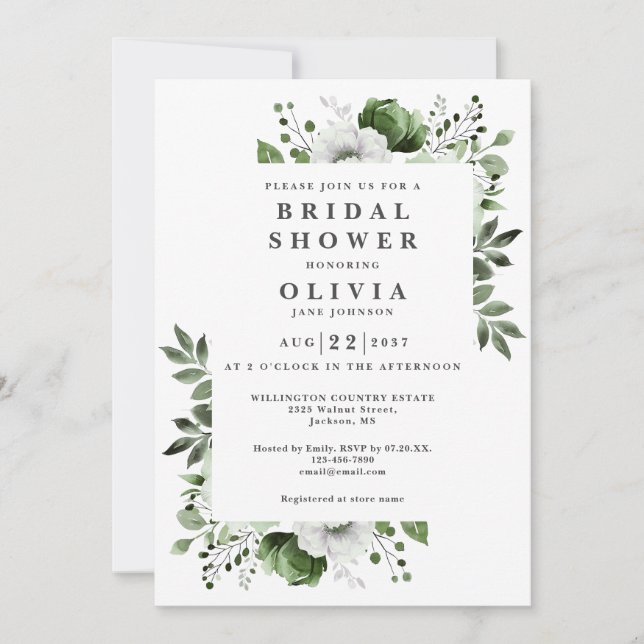 Invitation Olive Green Élégante Fête des mariées florale Code (Devant)