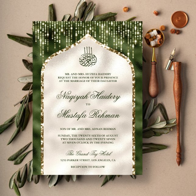 Invitation Olive Green et Ivory Gold Paillettes Arche Musulma (Créateur téléchargé)