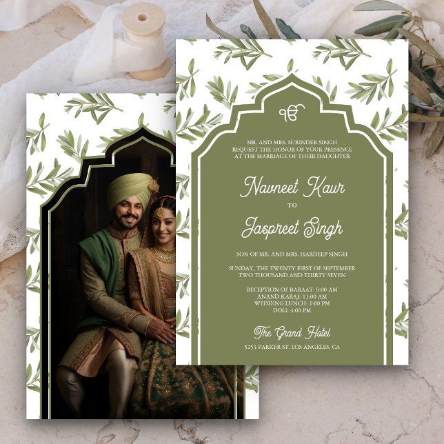 Invitation Olive Green Feuilles Photo Anand Karaj Sikh Mariag (Créateur téléchargé)
