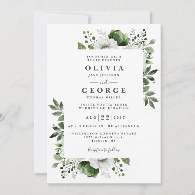 Invitation Olive Green Floral Botanique Moderne Mariage (Devant)
