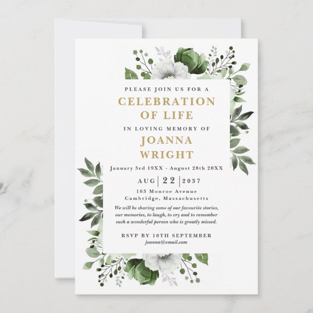 Invitation Olive Green Floral Célébration De La Vie Funéraire (Devant)