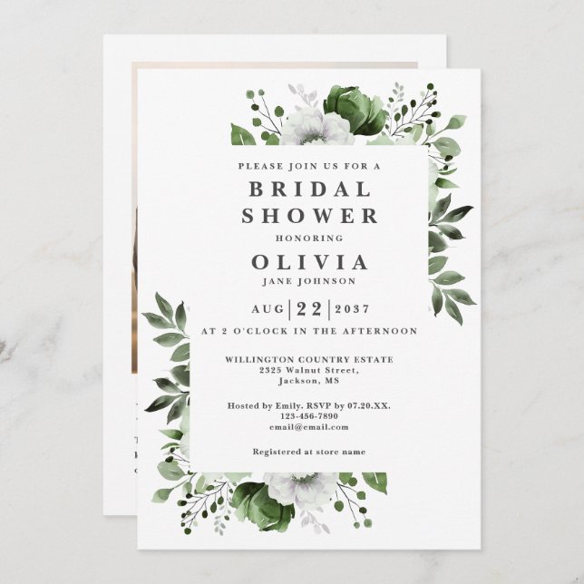 Invitation Olive Green Floral Fête des mariées Photo QR Code (Devant / Derrière)