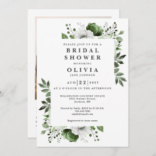 Invitation Olive Green Floral Fête des mariées Photo QR Code