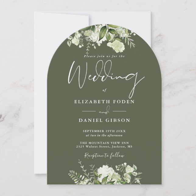 Invitation Olive Green Floral Greenery QR Code Mariage Arc (Devant)
