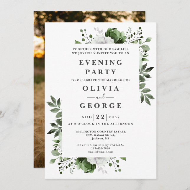 Invitation Olive Green Floral Mariage soirée photo (Devant / Derrière)