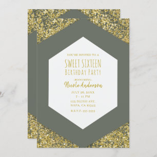 Invitation Olive Green Gold Parties scintillant Flakes Glam S