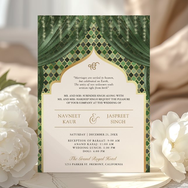 Invitation Olive Green Gold Quatrefoil QR Code Sikh Mariage (Créateur téléchargé)
