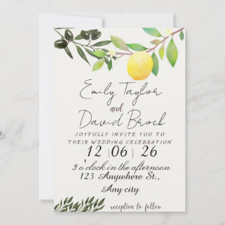 Invitation olive green leaf branch and Lemon wedding
