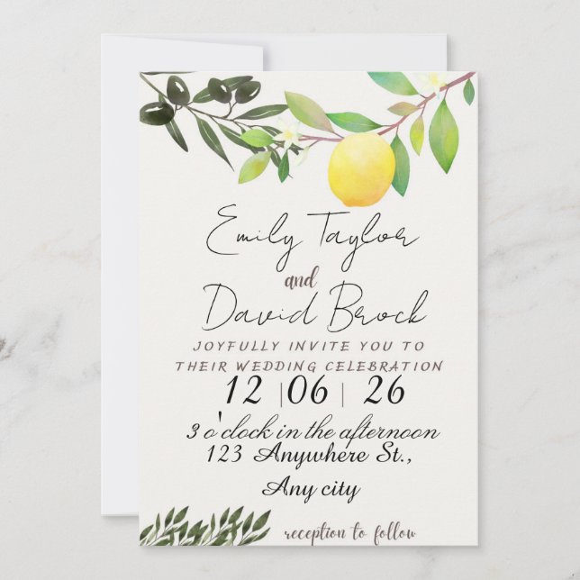 Invitation olive green leaf branch and Lemon wedding (Devant)