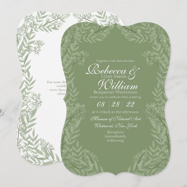 Invitation Olive Green Mariage Botanique Vintage (Devant / Derrière)