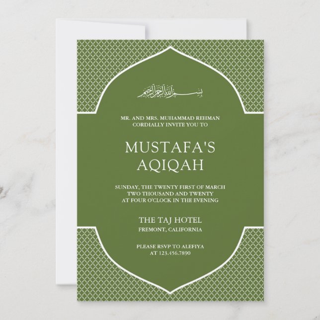 Invitation Olive Green Marocain musulman musulman Aqiqah (Devant)