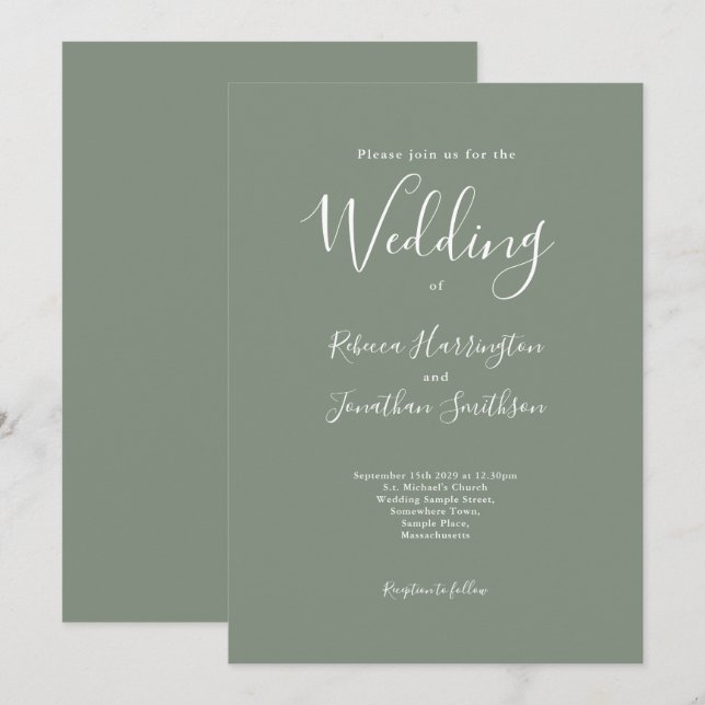 Invitation Olive Green Minimal Mariage moderne (Devant / Derrière)
