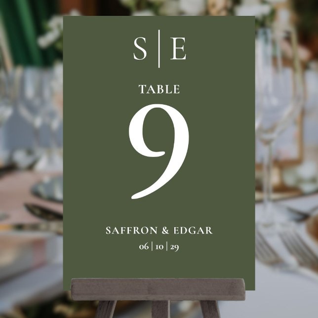 Invitation Olive Green Monogram Numéro de tableau du Mariage (Olive Green Monogram Wedding Table Number)